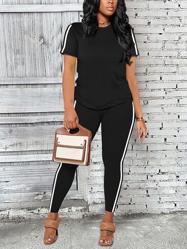 Women's 2 Piece Outfits Sweatsuit Summer Workout Striped Short Sleeve Long Sweatpants Casual Jogging Lounge Set in Saudi Arabia