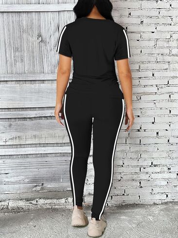 Women's 2 Piece Outfits Sweatsuit Summer Workout Striped Short Sleeve Long Sweatpants Casual Jogging Lounge Set in Saudi Arabia