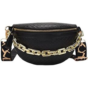 Thick Chain Fanny Pack Chest Bag for Women Plaid Leather Waist Bag Crossbody Fashionable Belt Bag for Club Party Beach Travel (Black)