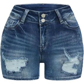 Women's Mid Rise Denim Shorts Stretchy Folded Hem Ripped Short Jeans Stylish Casual Comfortable Hot Pants
