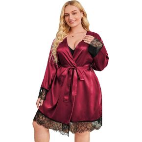 Wdirara Women's Plus Size Satin Lace Trim Long Sleeve Bulted Kimono Short Night Robe Burgundy 3XL