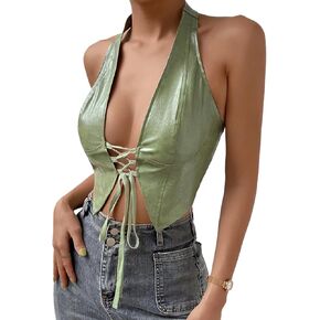 Trendy Faux Leather Halter Crop Tops for Women - Sexy Deep V-Neck, Tie-Front, Clubwear, Street Style & Party