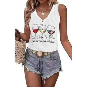 LYEIAO American Flag Ribbed Tank Women 4th of July Patriotic V Neck Button Slim Basic Henley Shirts Sleeveless Tank Top in Kuwait