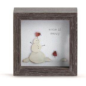 DEMDACO Sharon Nowlan Make It Merry Snowman Woodgrain 4 x 4 Wood and Glass Christmas Shadow Box