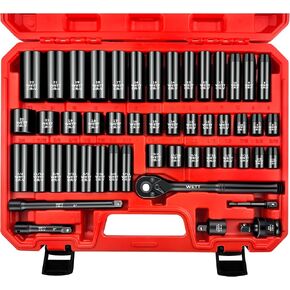 WETT 3/8" Drive Impact Socket Set, 50Pcs SAE/Metric, Deep/Shallow Sockets, with Adjustable Ratchet Handle, Extension Bar, Universal Joint, Adapter & Reducer, Cr-V Steel,(5/16"-3/4", 8-22mm)
