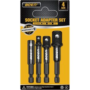 BOEN Impact Socket Adapter & Magnetic Bit Holder | 4 Pieces of 1/4-Inch Hex Shank Extension to 1/4", 3/8", and 1/2" Drive