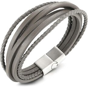 COOLSTEELANDBEYOND Mens Womens Multi-Strand Grey Braided Leather Bracelet Wristband with Steel Magnetic Clasp