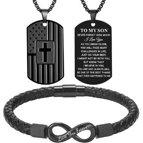Coolvy Son Gifts from Mom Dad-Dog Tag Cross Necklace for Men with Braided Leather Bracelets Jewelry Set Birthday Graduation Christmas Valentines Gifts for Him Jewelry