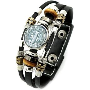 Saint Benedict Medal Braided Rope Bracelet - Adjustable Multi Layer Leather Cords Beaded Bracelet for Men and Women