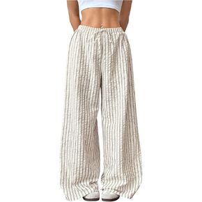 GORGLITTER Women's Striped Drawstring Waist Trousers Oversized Wide Leg Baggy Pants
