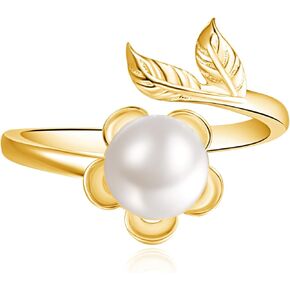 Dreamboat Pearl Flower Promise Ring for Women 925 Sterling Silver Imitation Pearl Statement Adjustable Expandable Open Band Finger Rings Fashion Dainty Anniversary Wedding Birthday Jewelry Gifts