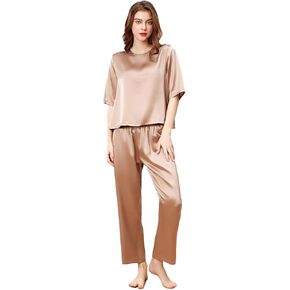 THXSILK 6A Pure Mulberry Silk Pajamas for Women 2 Piece Short Sleeve PJS Round Neck Silk Sleepwear