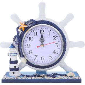 VICASKY Travel Cruise Clock Mediterranean Style Nautical Silent Desk Lighthouse Helm Wooden Clocks Ship Wheel Rudder Shelf Beach Theme Decor Ornament Wall Coastal Ocean Face Small Bathroom Office