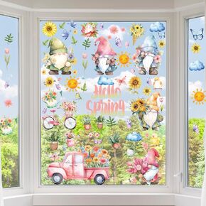100 PCS Spring Window Clings, Gnome Flower Window Clings for Glass Windows, Colorful Spring Decorations, Double-Sided Pattern Thick Gel Clings Stickers for Decor Home Office School