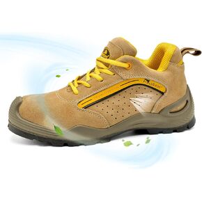 Mens Safety Shoes [ASTM F2413] Lightweight Cow Leather Steel Toe Work Shoes for Heavy Duty Construction Work Wide Fit Non Slip Beige