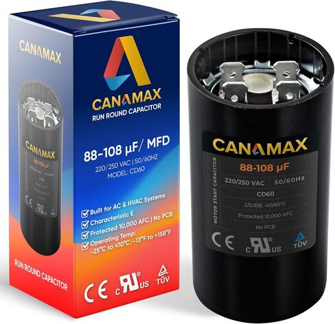 Canamax Premium 88-108 فائق التوهج mfd 220-250VAC فولت مكثف بدء تشغيل المحرك الدائري 50/60 هرتز تيار متردد كهربائي - مناسب تمامًا لمكثفات المحرك أحادية الطور OEM مباشرة أو مكيف الهواء بمضخة حرارية in Kuwait