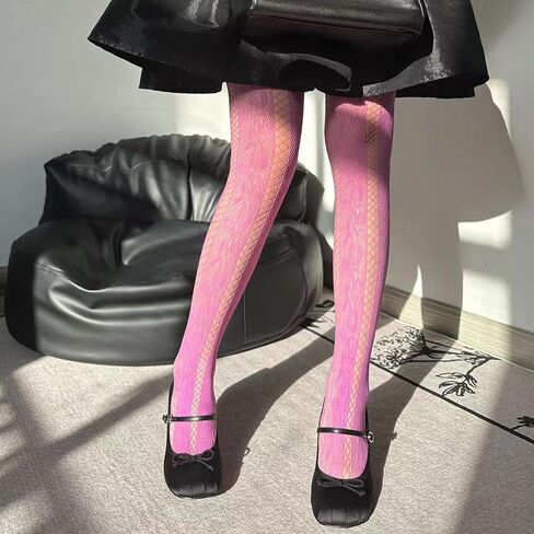 Women French Vintage Fishnet Pantyhose Rose Patterned Sheer Mesh Tights Side Hollow Out Striped Stockings Coffee in Kuwait