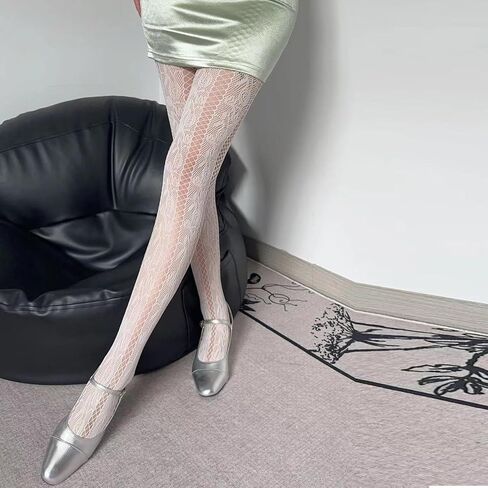 Women French Vintage Fishnet Pantyhose Rose Patterned Sheer Mesh Tights Side Hollow Out Striped Stockings Coffee in Kuwait