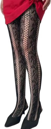 Women French Vintage Fishnet Pantyhose Rose Patterned Sheer Mesh Tights Side Hollow Out Striped Stockings Coffee in Kuwait