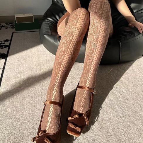 Women French Vintage Fishnet Pantyhose Rose Patterned Sheer Mesh Tights Side Hollow Out Striped Stockings Coffee in Kuwait