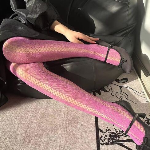 Women French Vintage Fishnet Pantyhose Rose Patterned Sheer Mesh Tights Side Hollow Out Striped Stockings Coffee in Kuwait