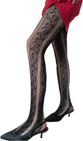 Women French Vintage Fishnet Pantyhose Rose Patterned Sheer Mesh Tights Side Hollow Out Striped Stockings Coffee in Kuwait