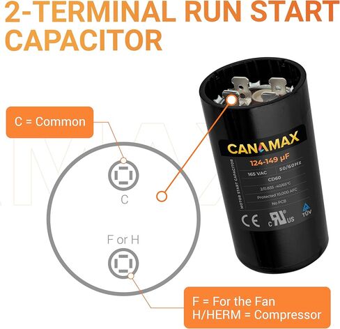 Canamax 216-259 MFD uf 50/60 Hz 330 VAC Volts Round Start Capacitor - Replacement for AC Motor Run or Fan Start and Cool or Heat Pump Air Conditioner - Replaces 6FLU2 2MEP5 CAP-216-330 in Saudi Arabia