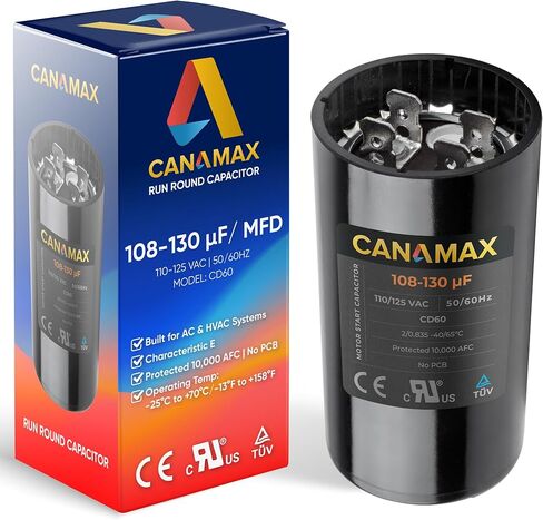 Canamax 400-480 MFD uf 50/60 Hz 110-125 VAC Volts Round Start Capacitor - Replacement for AC Motor Run or Fan Start and Cool or Heat Pump Air Conditioner - Replaces 6FLK9 2MDT9 CAP-400-110 in Saudi Arabia