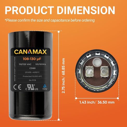 Canamax 400-480 MFD uf 50/60 Hz 110-125 VAC Volts Round Start Capacitor - Replacement for AC Motor Run or Fan Start and Cool or Heat Pump Air Conditioner - Replaces 6FLK9 2MDT9 CAP-400-110 in Saudi Arabia