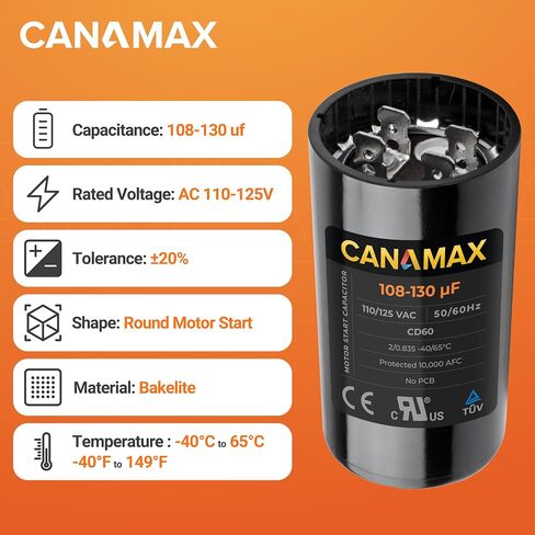 Canamax 400-480 MFD uf 50/60 Hz 110-125 VAC Volts Round Start Capacitor - Replacement for AC Motor Run or Fan Start and Cool or Heat Pump Air Conditioner - Replaces 6FLK9 2MDT9 CAP-400-110 in Saudi Arabia