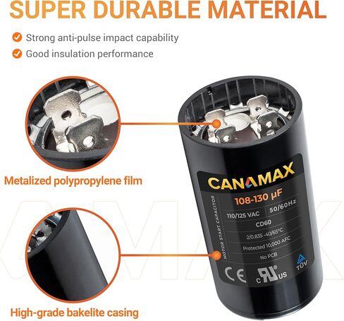 Canamax 400-480 MFD uf 50/60 Hz 110-125 VAC Volts Round Start Capacitor - Replacement for AC Motor Run or Fan Start and Cool or Heat Pump Air Conditioner - Replaces 6FLK9 2MDT9 CAP-400-110 in Saudi Arabia