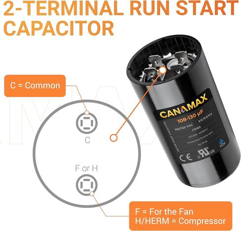 Canamax 400-480 MFD uf 50/60 Hz 110-125 VAC Volts Round Start Capacitor - Replacement for AC Motor Run or Fan Start and Cool or Heat Pump Air Conditioner - Replaces 6FLK9 2MDT9 CAP-400-110 in Saudi Arabia