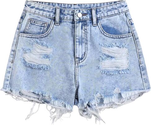 Jean Shorts for Teen Girls Ripped Raw Hem High Waist Straight Leg Cute Summer Y2K Denim Shorts 13Y-16Y in Kuwait