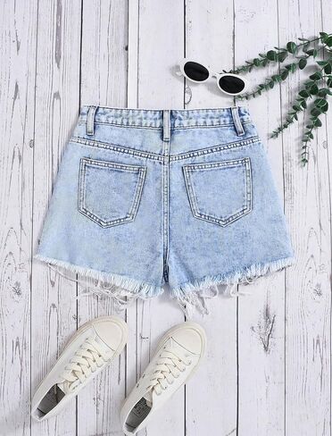 Jean Shorts for Teen Girls Ripped Raw Hem High Waist Straight Leg Cute Summer Y2K Denim Shorts 13Y-16Y in Kuwait