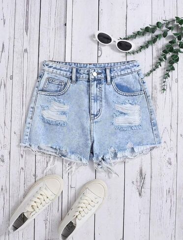Jean Shorts for Teen Girls Ripped Raw Hem High Waist Straight Leg Cute Summer Y2K Denim Shorts 13Y-16Y in Kuwait