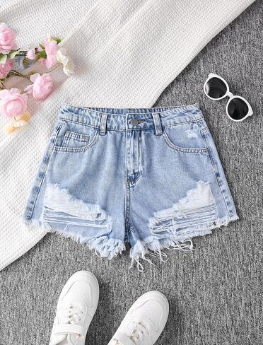 Jean Shorts for Teen Girls Ripped Raw Hem High Waist Straight Leg Cute Summer Y2K Denim Shorts 13Y-16Y in Kuwait