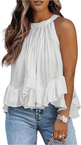SweatyRocks Women's Adjustable Tie Neckline Ruffle Hem Sleeveless Flowy Halter Tops in Kuwait