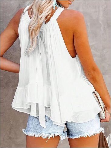 SweatyRocks Women's Adjustable Tie Neckline Ruffle Hem Sleeveless Flowy Halter Tops in Kuwait