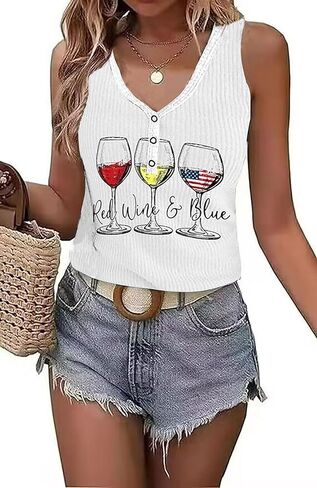 LYEIAO American Flag Ribbed Tank Women 4th of July Patriotic V Neck Button Slim Basic Henley Shirts Sleeveless Tank Top in Kuwait