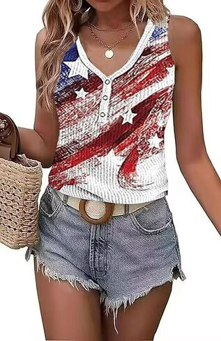 LYEIAO American Flag Ribbed Tank Women 4th of July Patriotic V Neck Button Slim Basic Henley Shirts Sleeveless Tank Top in Saudi Arabia