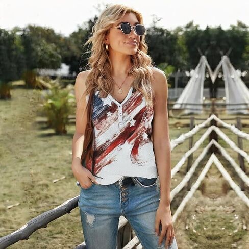 LYEIAO American Flag Ribbed Tank Women 4th of July Patriotic V Neck Button Slim Basic Henley Shirts Sleeveless Tank Top in Saudi Arabia
