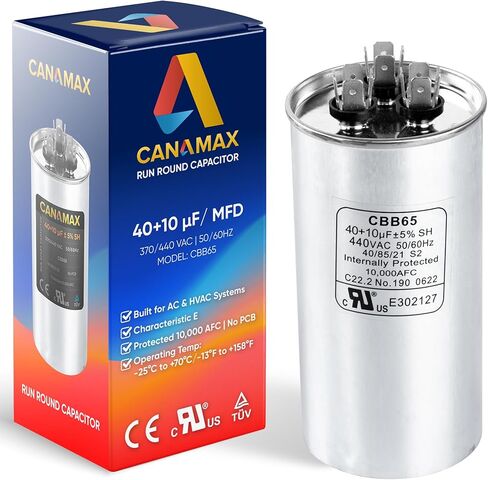 Canamax 40+10 uf/MFD 50/60 Hz 370-440 VAC Round Start Capacitor - Replacement for AC Motor Run or Fan Start and Cool or Heat Pump Air Conditioner - Replaces C34010 C34010R 12246 100335-50 in Saudi Arabia