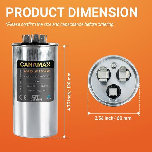 Canamax 40+10 uf/MFD 50/60 Hz 370-440 VAC Round Start Capacitor - Replacement for AC Motor Run or Fan Start and Cool or Heat Pump Air Conditioner - Replaces C34010 C34010R 12246 100335-50 in Saudi Arabia