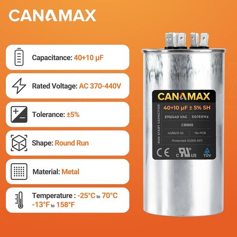 Canamax 40+10 uf/MFD 50/60 Hz 370-440 VAC Round Start Capacitor - Replacement for AC Motor Run or Fan Start and Cool or Heat Pump Air Conditioner - Replaces C34010 C34010R 12246 100335-50 in Saudi Arabia