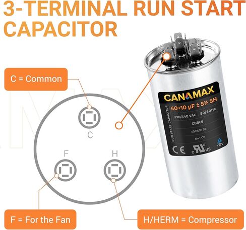 Canamax 40+10 uf/MFD 50/60 Hz 370-440 VAC Round Start Capacitor - Replacement for AC Motor Run or Fan Start and Cool or Heat Pump Air Conditioner - Replaces C34010 C34010R 12246 100335-50 in Saudi Arabia