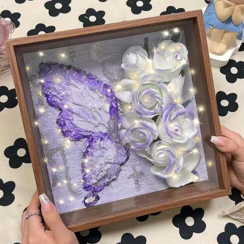 8x8 Shadow Box Frame with String Light, DIY Eternal Flower Display Case with Purple Butterfly Painting, Memory Box for Flower, Tickets & 3D Items, Mothers Day Anniversary Birthday Flower Gifts in Kuwait
