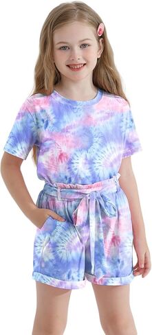 Girls Clothes Two Piece Tie Dye Summer Vacation Outfits Clothing Shirt and Shorts Matching Sets for Girls 4-13 Years in Kuwait