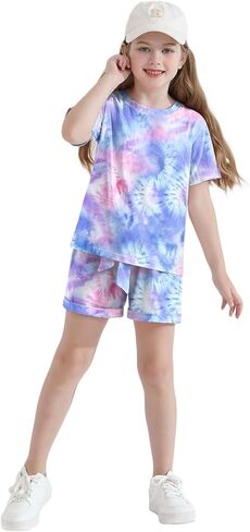 Girls Clothes Two Piece Tie Dye Summer Vacation Outfits Clothing Shirt and Shorts Matching Sets for Girls 4-13 Years in Kuwait