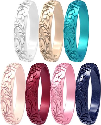 Zollen Women's Silicone Wedding Bands Set of 4/7 - Stackable Silicone Wedding Bands - Innovative Branches and Leaves Floral Collection in Kuwait