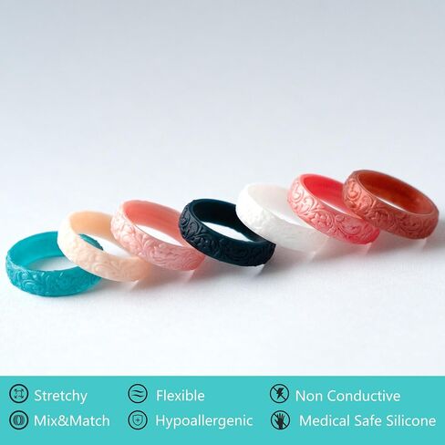Zollen Women's Silicone Wedding Bands Set of 4/7 - Stackable Silicone Wedding Bands - Innovative Branches and Leaves Floral Collection in Kuwait
